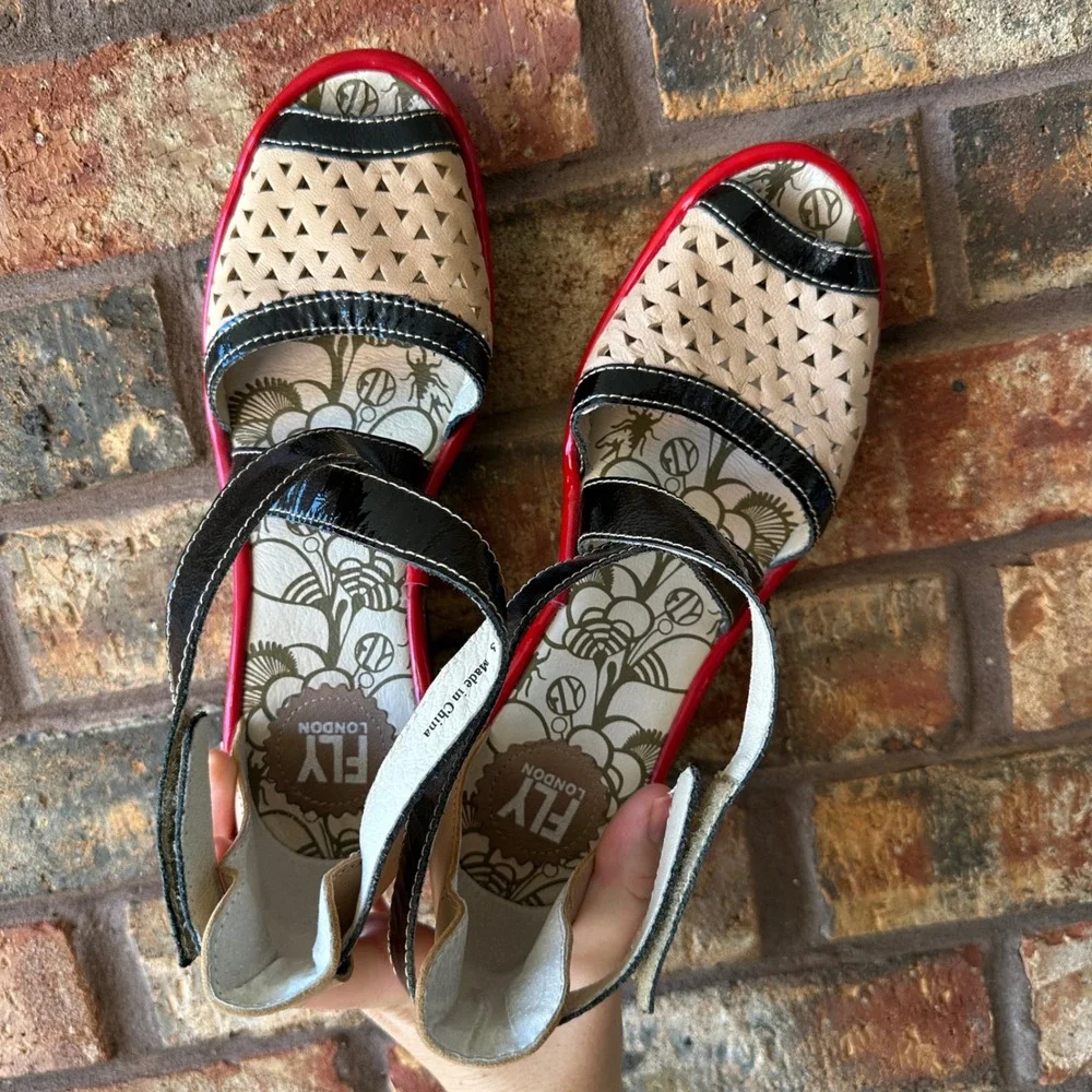 Fly London Ynes Beige Black Red Patent Leather Wedge Sandal  Womens 38 Quirky